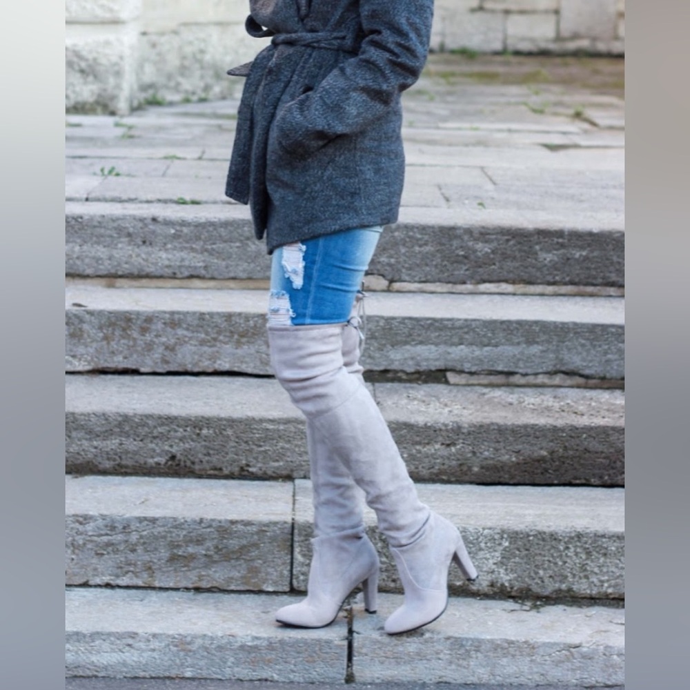Jessica Buurman Women Faux Suede Gray Heels Lace Up Over Knee Boots 7.5 NWOB